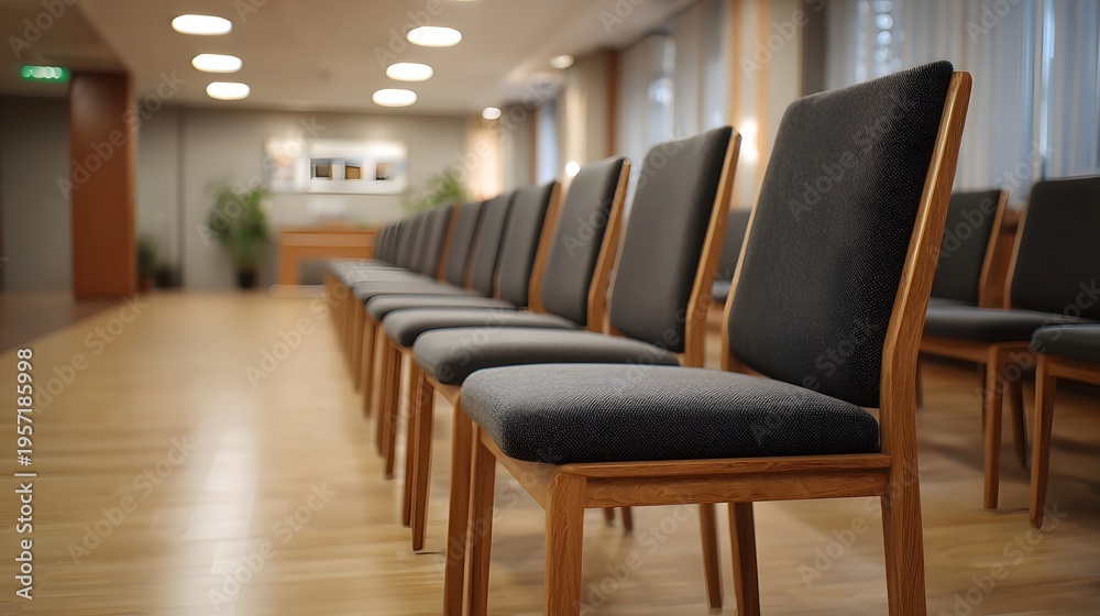 Fototapeta premium Rows of empty modern chairs in a well lit conference hall viewed from a dynamic perspective