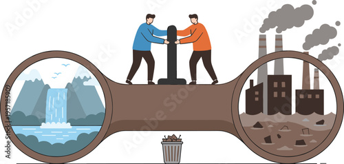 People choosing between clean nature and industrial pollution vector illustration representing environmental protection climate change and global warming concepts.