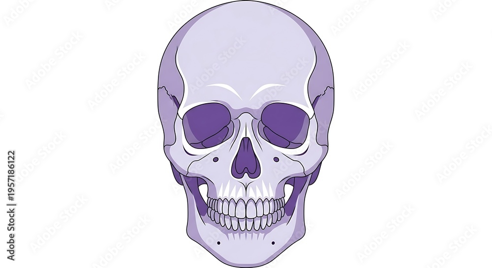 Fototapeta premium Human skull illustration with purple eyes.