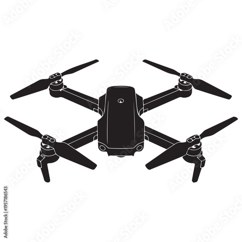 A detailed black silhouette of a modern consumer drone with four rotors and landing gear silhouette