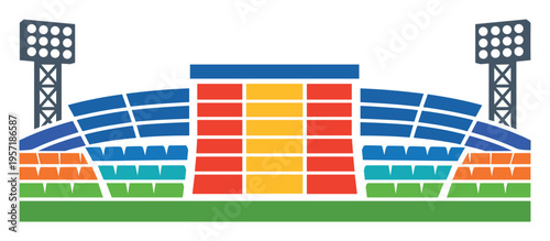 Stadium illustration featuring tiered seating in multiple colors, field, and two floodlight towers