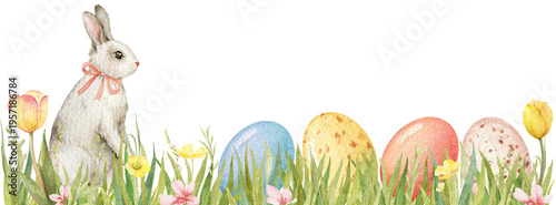 Watercolor border with rabbit, easter eggs and grass isolated on white background. Perfect for card making, party invitations, wedding, stationery, greeting cards, D.I.Y. and other..