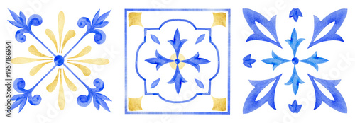 Watercolor decorative Mediterranean tiles elements set. Ornamental design for wrapping paper, textiles, postcards, stationery, borders.