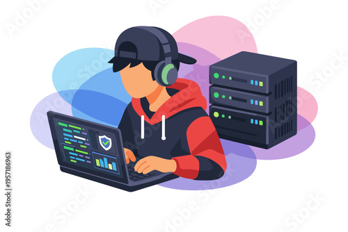 Young Person Coding on Laptop Near Server Racks.