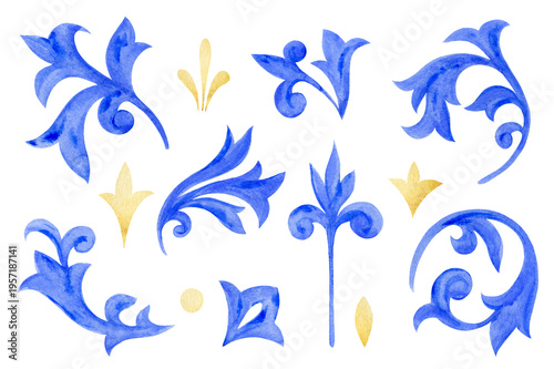 Watercolor decorative Mediterranean floral elements set. Ornamental design for wrapping paper, textiles, postcards, stationery, borders.