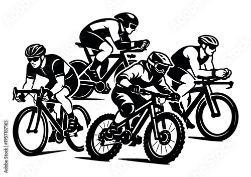 Group of athletes competing in a cycling event, including road cyclists, a triathlete, and a mountain biker in black and white illustration