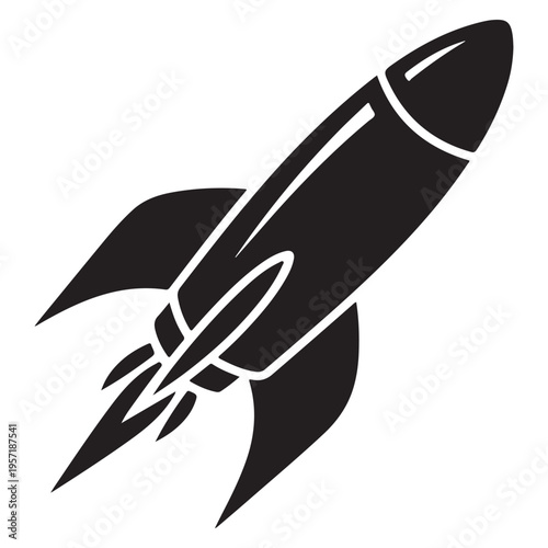 A sleek black rocket ship ascends with streaming flames depicted as a silhouette