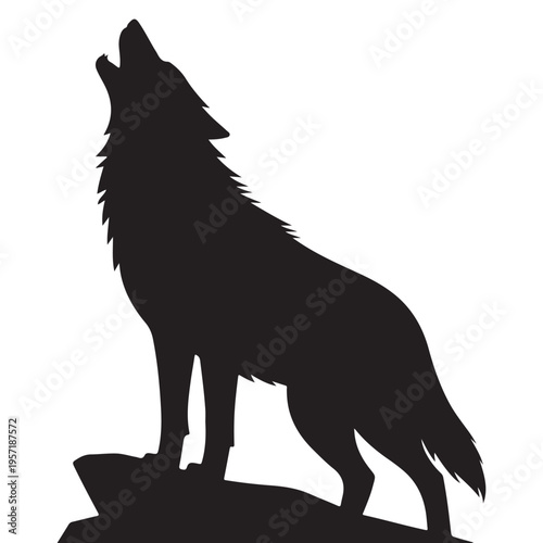 A striking black wolf stands howling on a rocky outcrop a dramatic silhouette