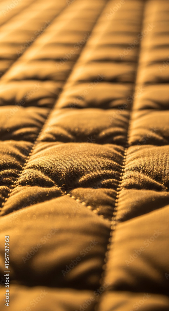 Fototapeta premium Close-up of golden stitched textile, creating a textured, quilted surface, suggesting warmth and comfort, ideal for backgrounds and design elements