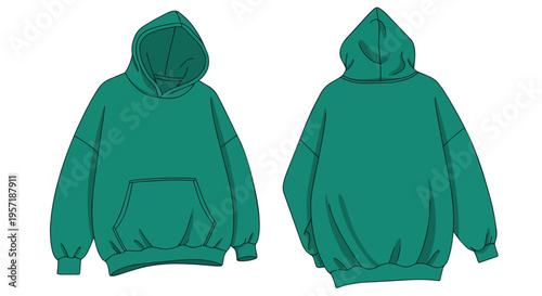 Detailed illustration of a comfortable oversized teal hooded sweatshirt displaying front and back views. Perfect for contemporary casual apparel