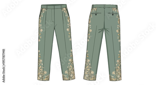 Elegant sage green tailored trousers with intricate floral embroidery technical fashion illustration front and back views