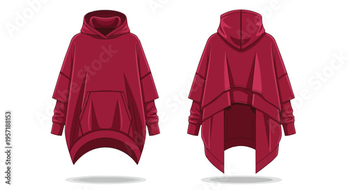 Modern oversized unisex hooded sweatshirt vector illustration featuring front and back views of casual street style fashion apparel with relaxed fit