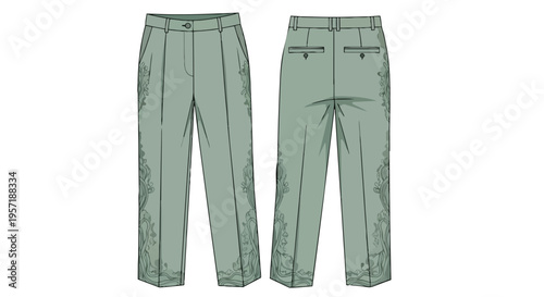 Technical flat drawing of sage green tailored trousers with intricate botanical embroidery along side seams and lower hem, front and back views for