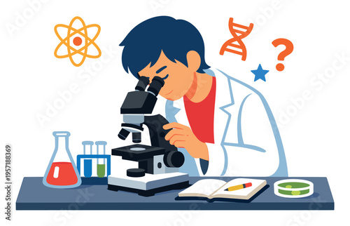 Young scientist conducting a microbiology experiment, looking into a microscope learning about DNA, atoms, and biological science