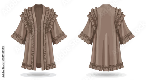 Elegant brown ruffled cardigan or duster, front and back view, showcasing intricate detailing and a flowing silhouette for a chic and comfortable