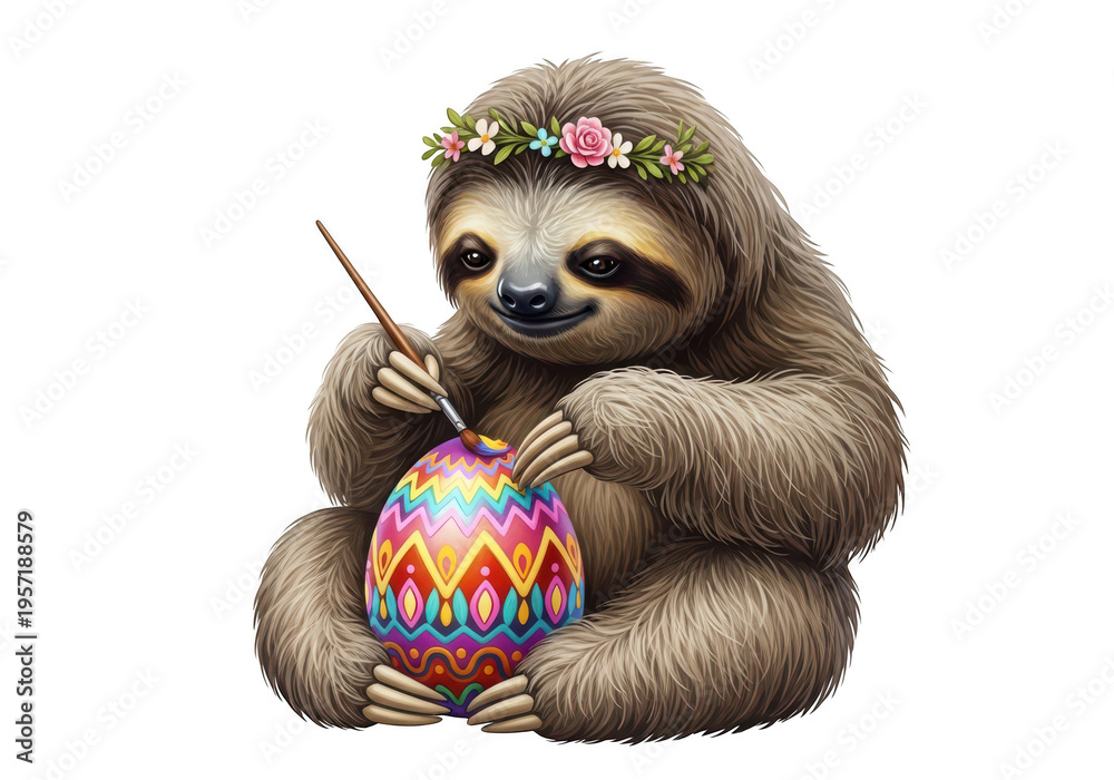 Fototapeta premium Adorable sloth wearing a delicate flower crown, meticulously painting a large, vibrantly patterned Easter egg with a small brush, isolated on transparent background.