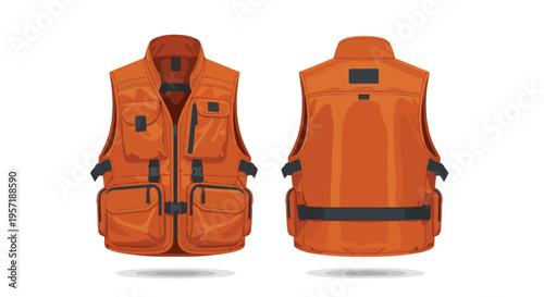 Bright Orange Multi-Pocket Utility Vest Front and Back Views for Outdoor Safety and Adventure Purposes