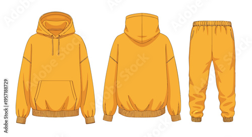 Vibrant amber casualwear set: front and back hooded sweatshirt views with coordinated jogging pants template