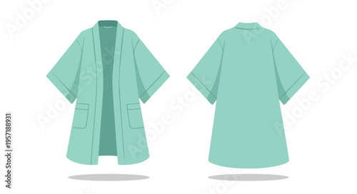 Relaxing apparel garment design featuring an open front light green tunic for comfort and ease, offering dual views from both the front and back for
