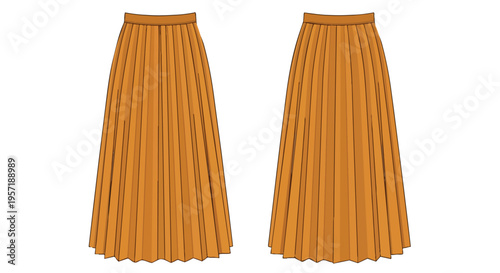 Vibrant orange pleated maxi skirts, ideal for elegant fashion design and apparel illustration projects