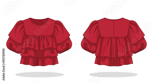 Vector illustration of a stylish red tiered blouse with puff sleeves and ruffled body design.