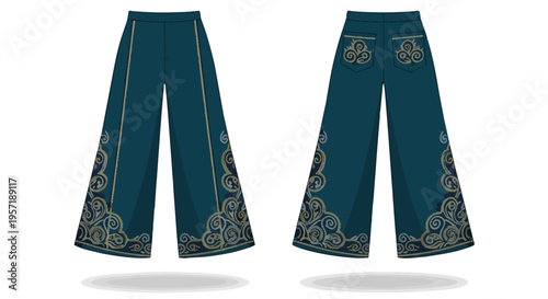 Luxurious teal wide-leg trousers featuring elaborate golden swirl patterns and elegant embroidery on the hem and pockets presented with both front