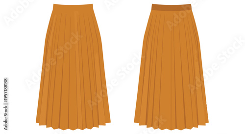 Elegant ochre pleated midi skirt fashion garment front and back view vector illustration on white background