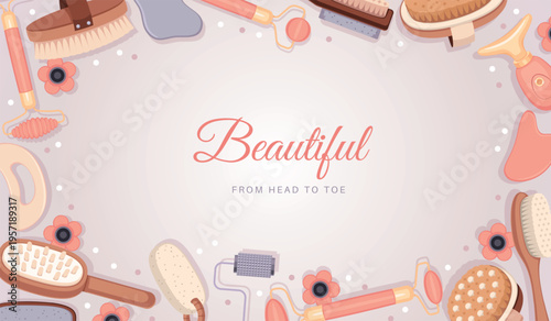 Spa brushes frame. Home beauty procedures elements, dry and oil massage devices, gua sha scrapers, rollers, accessories, banner design with copy space tidy vector cartoon isolated concept