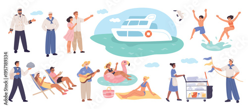 Ship cruise people. Happy vacationers and staff of pleasure boat, sea holidays on yacht, summer characters, travelers chilling, marine tourism garish vector cartoon flat isolated set