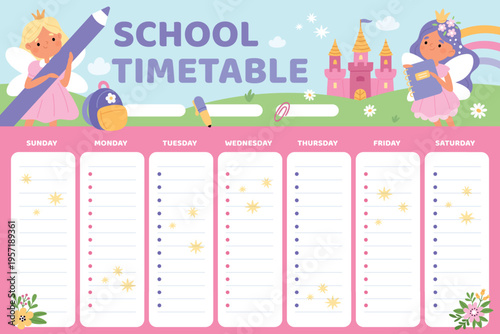 School schedule with princesses. Girly pink design with little fairies with wings in crowns, timetable kids typographic template, education organization garish vector cartoon flat concept