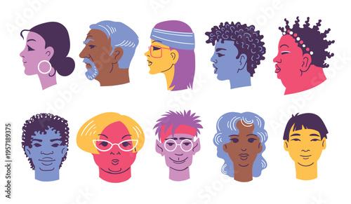 Profile and full face portraits. People avatars, men and women characters, contemporary colorful heads, doodle style modern bright persons, splendid vector cartoon isolated trendy set