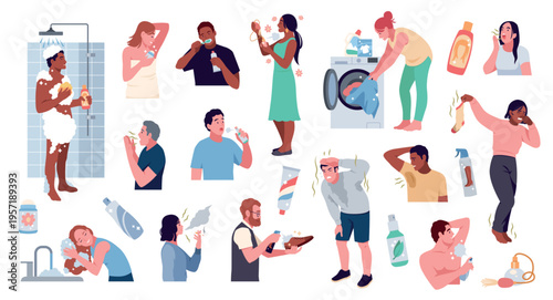People who observe hygiene. Bad and good smell characters, elimination of unpleasant odor, stink causes, shower or bathing, deodorant, daily personal care tidy vector cartoon isolated set