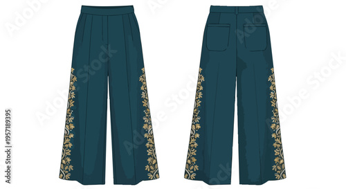 Deep teal palazzo pants with exquisite golden floral embroidery design front and back view fashion illustration chic apparel elegant wide leg