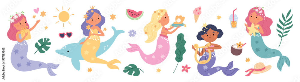 Obraz premium Little mermaids. Cute underwater princesses with colorful fish tails, mythical creatures, little sea girls with long hair, ocean fairy story personage garish vector cartoon isolated set