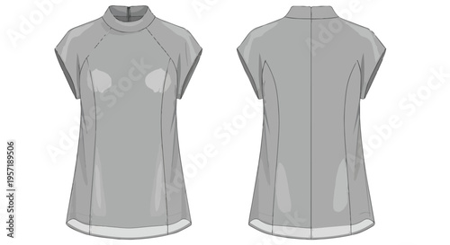 Technical fashion flat of a women's gray blouse with a stand-up collar and cap sleeves, illustrating front and back views for design and pattern