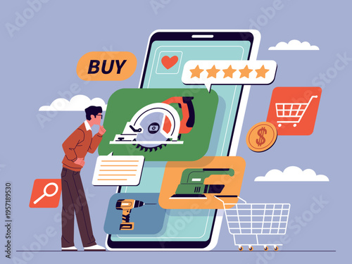 Man chooses tool online. Mobile store, e commerce and shopping n smartphone, exploring characteristics and opinions, purchase and product comparison, nowaday vector cartoon isolated concept