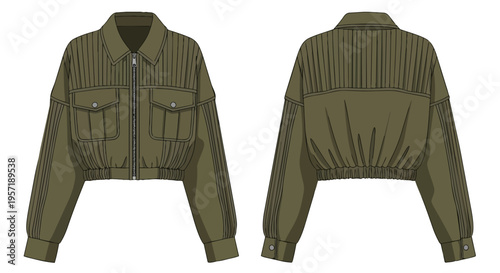 Fashion technical drawing of an olive green cropped bomber jacket for women featuring pleated yokes and sleeves along with chest pockets and a zipper