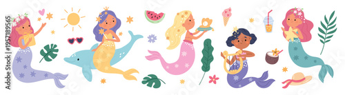 Little mermaids. Cute underwater princesses with colorful fish tails, mythical creatures, little sea girls with long hair, ocean fairy story personage garish vector cartoon isolated set