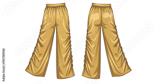 Fashion illustration of elegant golden ruched wide-leg trousers, front and back views. This contemporary apparel design showcases a relaxed yet