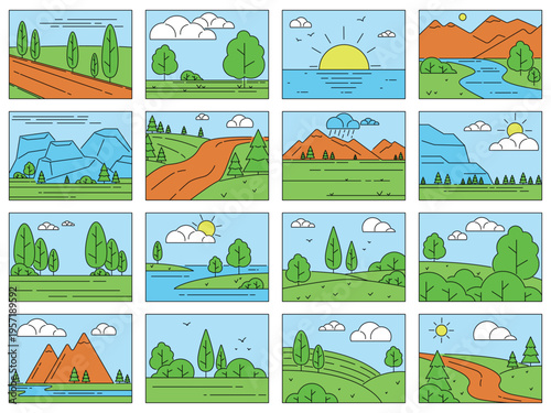 Landscape color icons. Linear travel places, outline nature elements, rivers, mountains and trees, simple design, environmental care background, qualitative vector flat style isolated set
