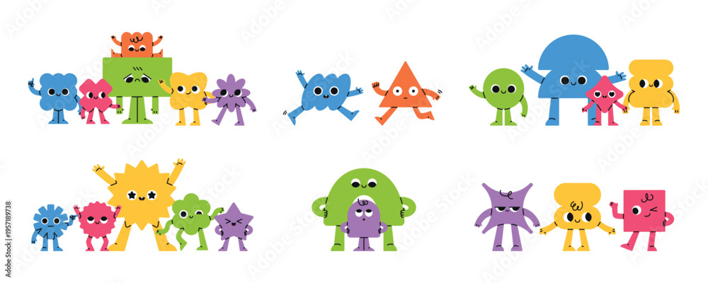 Obraz premium Geometric characters groups. Comic compositions with funny bright shapes, smiling faces, different poses, positive mascots, childish colorful personage, classy vector cartoon isolated set