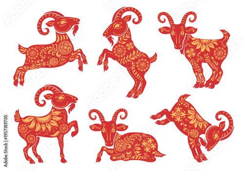 Goat year. Traditional chinese horoscope, patterned horned asian animal in different poses, red silhouettes, ornamental oriental zodiac folk symbol, splendid vector isolated decorative set