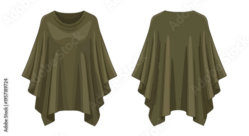 Stylish illustration of a comfortable olive green women's poncho or draped top garment front and back view