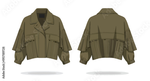Detailed technical flat sketch of a stylish women's oversized bomber jacket in olive green with pleated sleeve and unique back details fashion