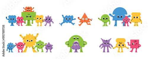 Geometric characters groups. Comic compositions with funny bright shapes, smiling faces, different poses, positive mascots, childish colorful personage, classy vector cartoon isolated set