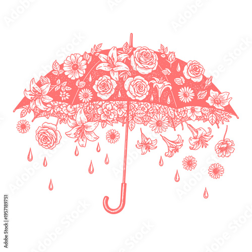 Pink Floral Umbrella Illustration with Roses and Lilies Illustration
