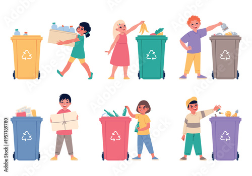 Funny boys and girls sort garbage. Children volunteers put different waste types in colored trash cans, save nature, recycling habits and environmental care classy vector cartoon concept