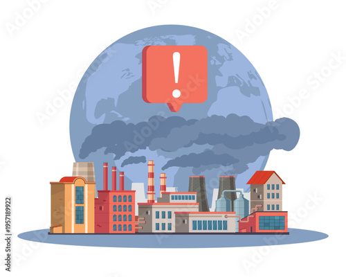 Environmental protection. Climate change, ecological disaster, harmful toxic emissions from factory, emissions control and industrial safety management, vector cartoon isolated concept