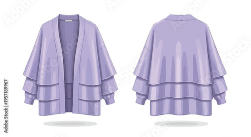 Contemporary lavender ruffled cardigan design featuring a relaxed silhouette and layered sleeves perfect for effortless chic fashion and modern
