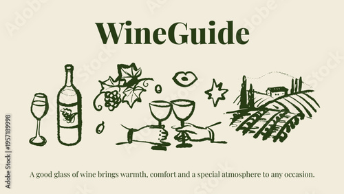 Hand drawn whimsical crayon wine set. Vector isolated sketch line art doodle illustration. Mediterranean food and drinks menu design